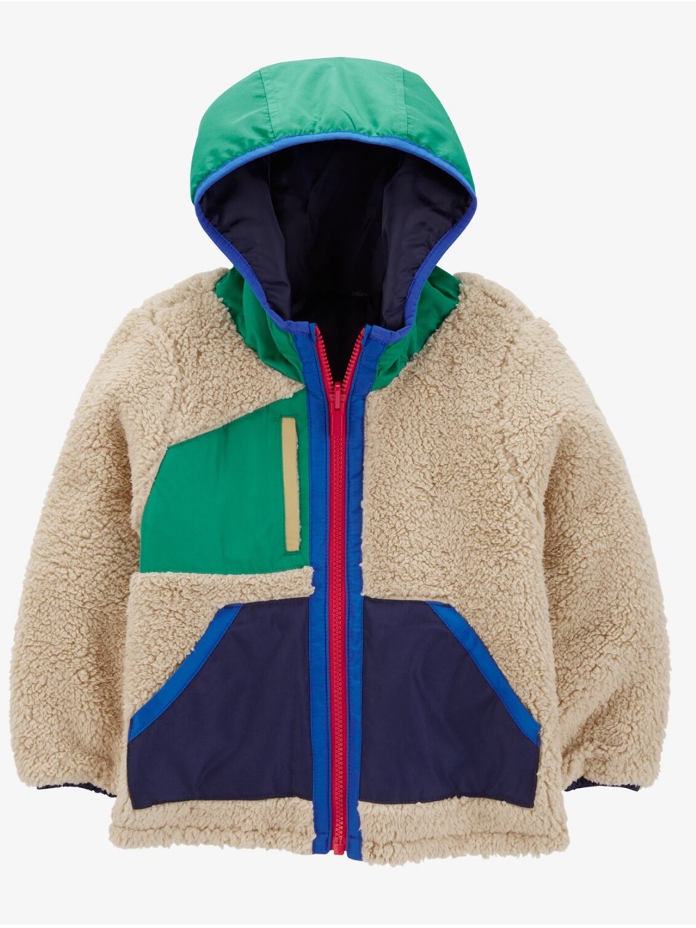Carter's Reversible Cream Sherpa Jacket with Teal Hood & Navy Panels